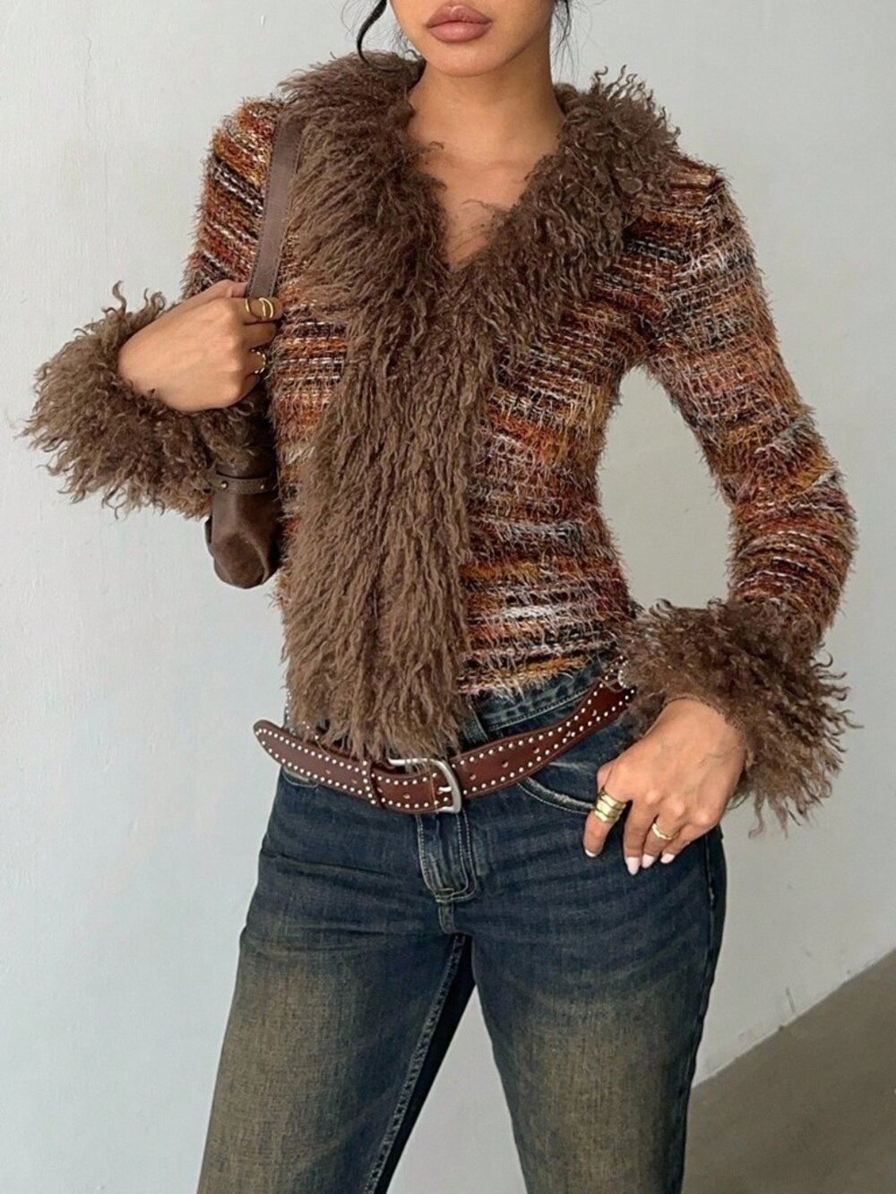 Multicolor Party Women's Contrast Faux Fur Deep V Neck Slim Fit Long Sleeve Top